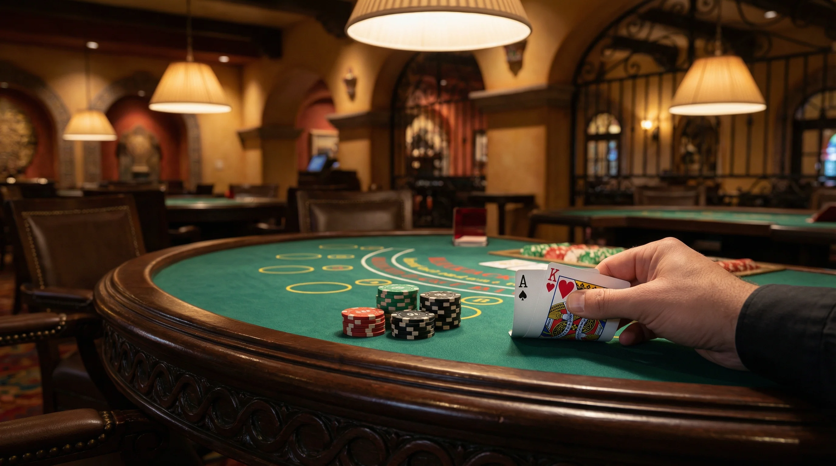 Mesa de blackjack con cartas As y Rey mostrando 21
