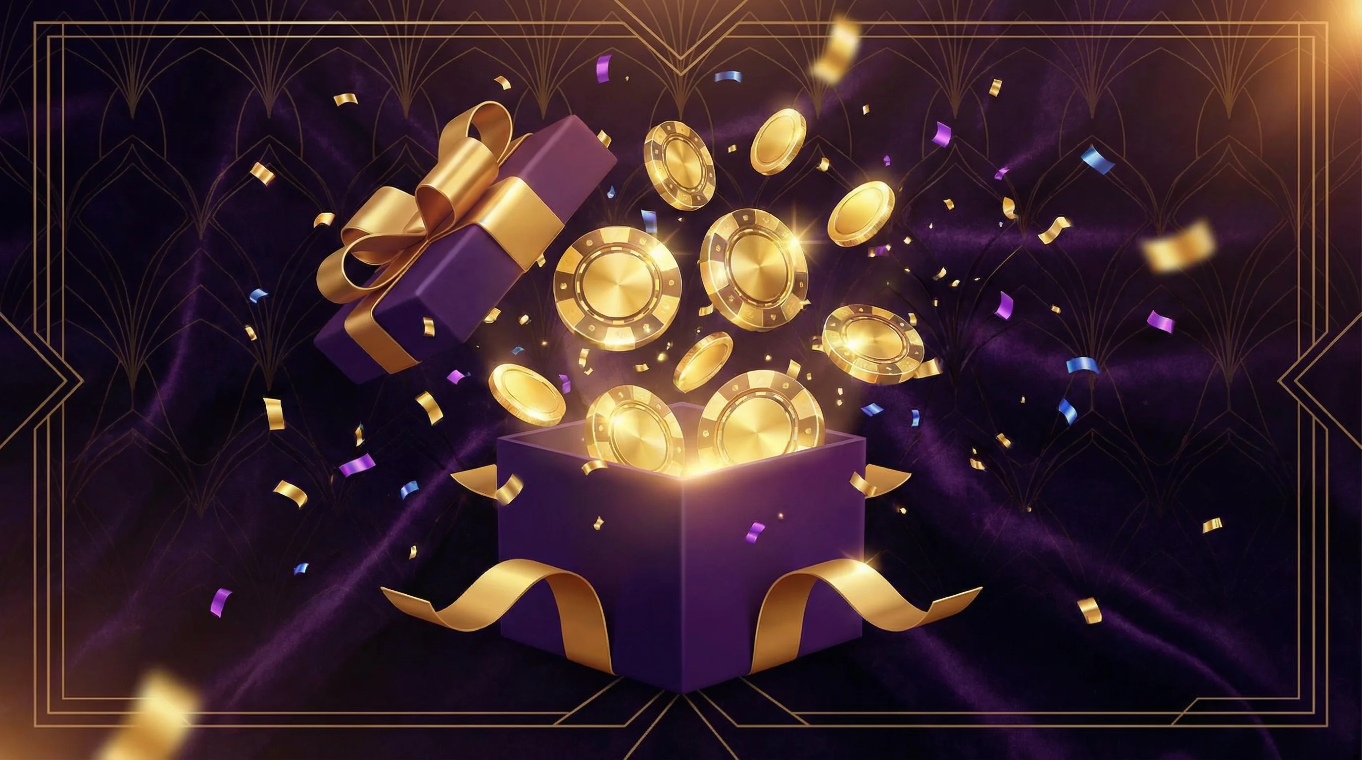 Caja de regalo con monedas doradas y confeti de celebración