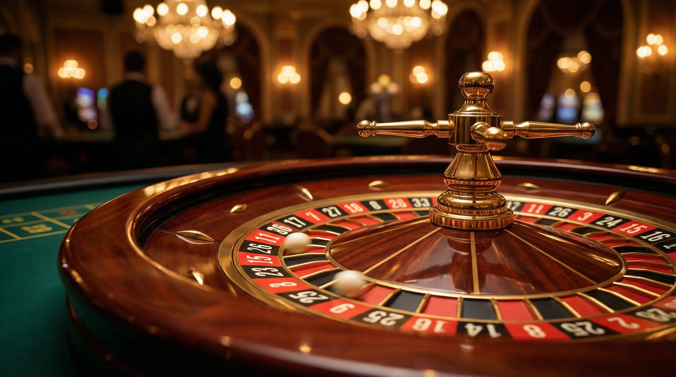 Ruleta europea girando con bola blanca en movimiento