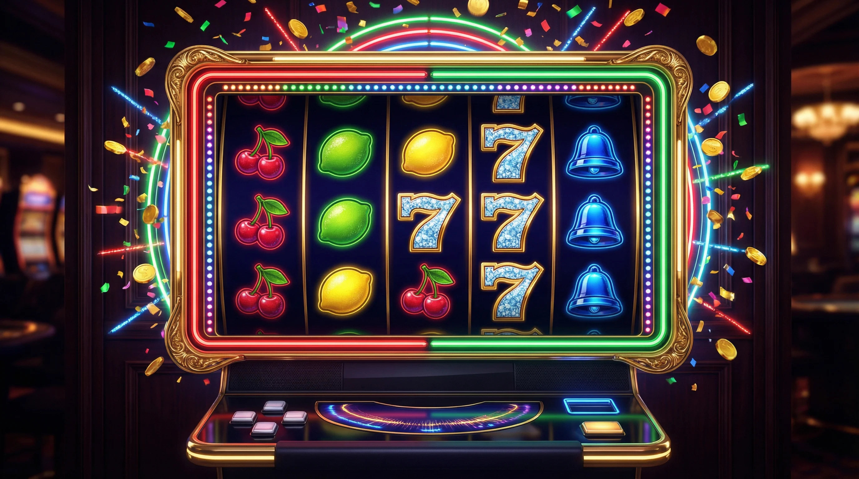 Tragamonedas con símbolos de frutas y número 7 de la suerte